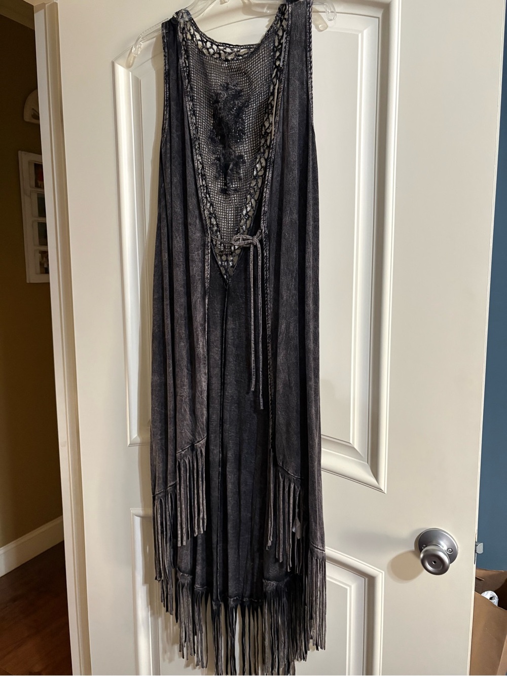 Fringed Long Sleeve Boho Vest - Gray